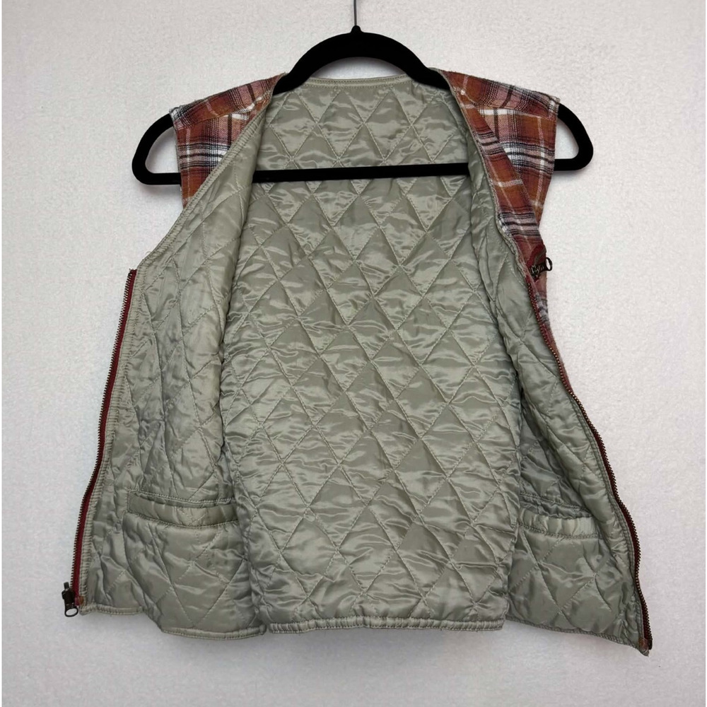 Vintage 90s Columbia Orange Plaid Flannel Vest Zip-Up Women Size M Quilted Lined - Picture 2 of 8